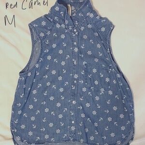Red Camel Blue Denim Nautical Print Collared Tank Medium
